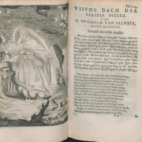 Het begin van de vijfde dag met links een gravure door Jan Gerritsz. Swelinck van God die de vogels en de vissen schept en rechts de ‘Inhoudt des vijfde daeghs’ in een civilitéletter en de vertaling in verzen in een romeins lettertype.