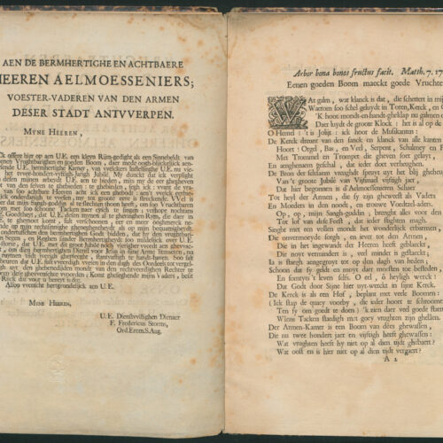 Links: Voorwoord van Fredericus Storms; Rechts: Incipit van het eerste zinnebeeld met de sierinitiaal W (fols. A1 verso – A2 recto).