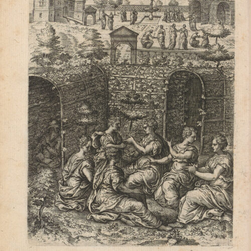 De lusthof der maegden bij Houwaert’s buitenverblijf Cleyn Venegien. Kopergravure (Joannes Wierix) voorafgaand aan boek 9: Den druck van d’ongheluckighe maeghden.